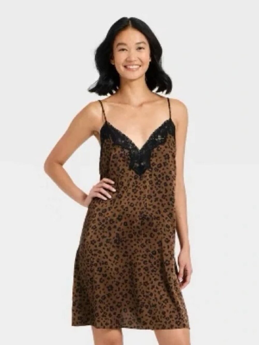 Auden Leopard Lace Trim Satin Chemise Sleepwear (XL)